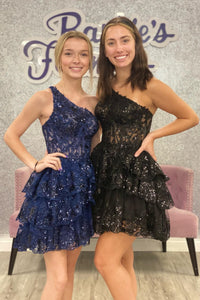 Dark Navy A-line One Shoulder Multi-Layers Homecoming Dress