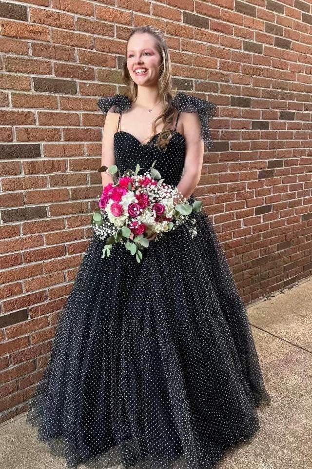 Black Bow Tie Shoulder Dot Tulle A-line Long Prom Dress