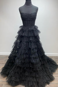 Gold Strapless Sequined A-line Multi-Layers Long Prom Dress