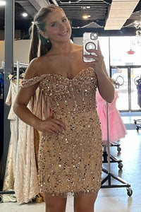 Light Blue Off-the-Shoulder Sequined Sheath Homecoming Dress