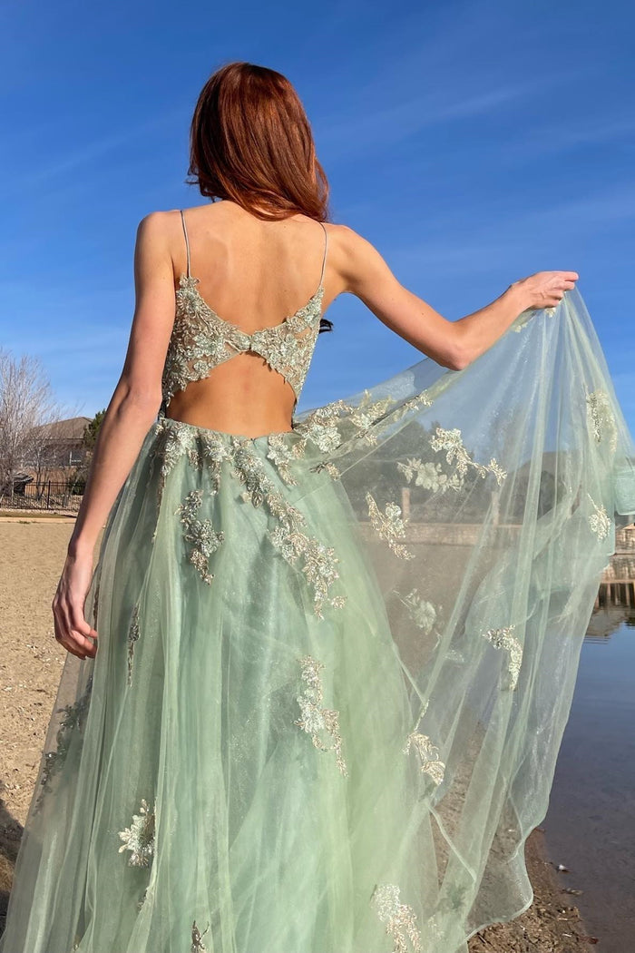 Sage Green Floral Appliques Straps A-Line Prom Dress