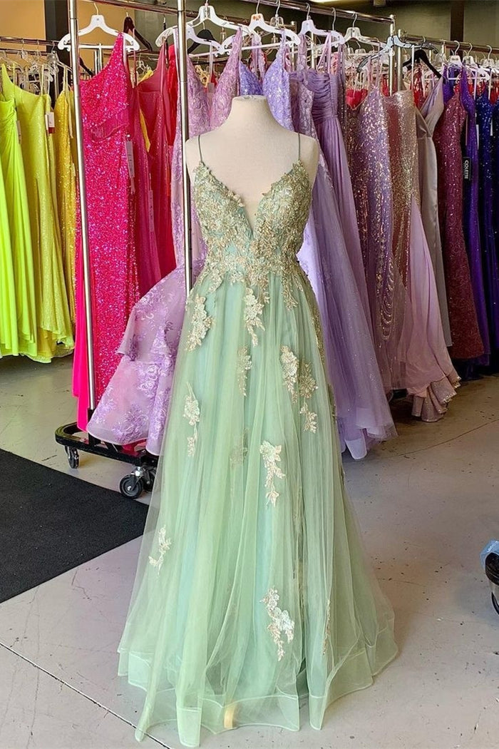 Sage Green Floral Appliques Straps A-Line Prom Dress