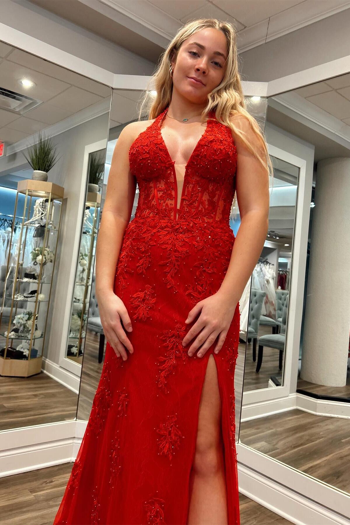 Pink Plunging Halter Appliques Mermaid Long Prom Dress with Slit