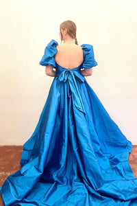 Green Ruffled Puff Sleeves Satin Long Prom Dress