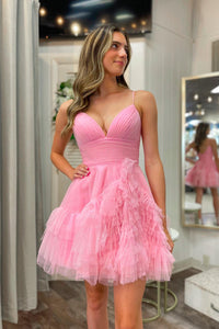 Light Blue A-line V Neck Ruffle-Layers Homecoming Dress