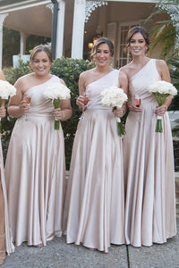 Light Pink One Shoulder A-line Satin Long Bridesmaid Dress with Slit