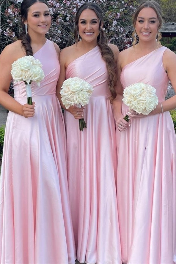 Light Pink One Shoulder A line Satin Long Bridesmaid Dress with Slit Dreamdressy