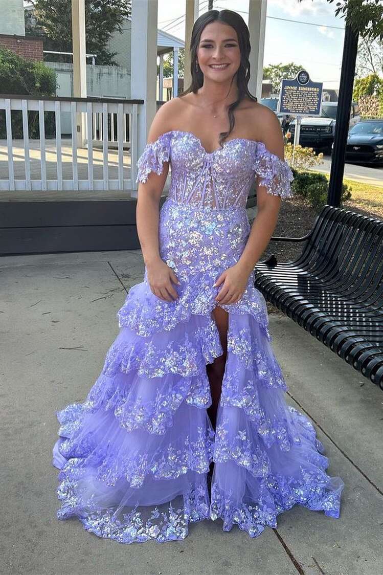Red Off-the-Shoulder Sequined Appliques Multi-Layers Long Prom Dress with Slit