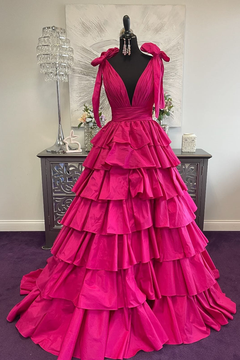 Fuchsia Bow Tie Straps Layers Plunging V Long Prom Dress