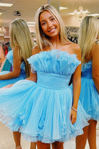 Sky Blue Strapless Ruffled A-line Tulle Homecoming Dress