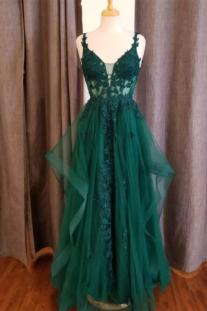 Hunter Green Flower Straps Deep V Neck Appliques Ruffles Long Prom Dress