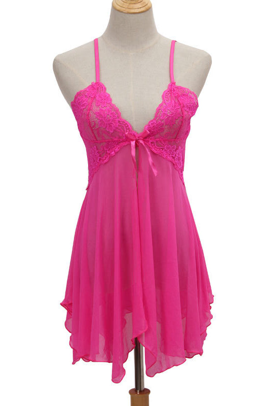 Hot Pink Tulle Deep V Neck Straps Lingerie