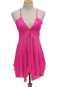 Hot Pink Tulle Deep V Neck Straps Lingerie