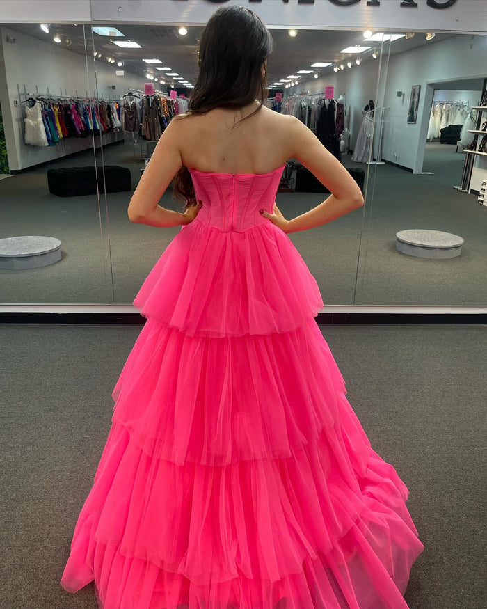 Hot Pink Strapless Layers Tulle A-line Long Prom Dress