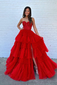 Fuchsia Multi-Layers Strapless Appliques A-line Tulle Long Prom Dress