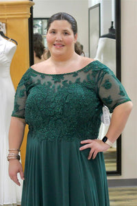 Hunter Green Illusion Neck Appliques Chiffon Long Mother of Bride Dress