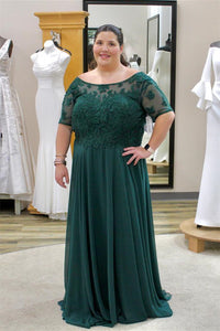 Hunter Green Illusion Neck Appliques Chiffon Long Mother of Bride Dress