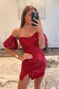Grape Sequins Off-the-Shoulder Sheath Homecoming Dress