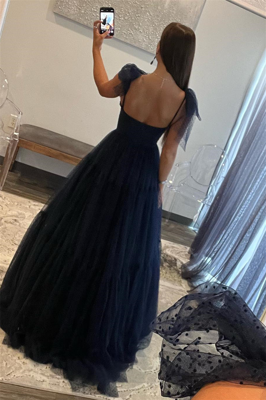 Dark Navy Bow Tie Shoulder Dot Tulle A-line Long Prom Dress