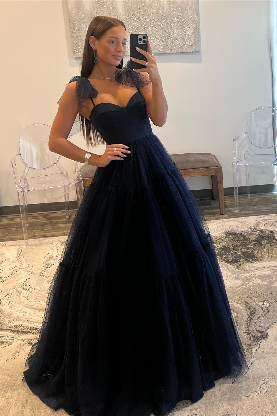 Black Bow Tie Shoulder Dot Tulle A-line Long Prom Dress – Dreamdressy