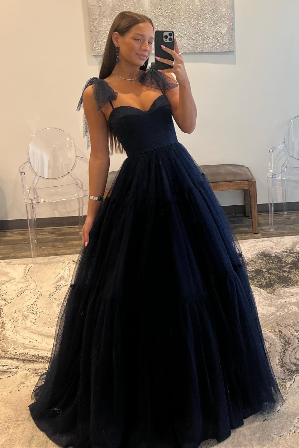 Dark Navy Bow Tie Shoulder Dot Tulle A-line Long Prom Dress