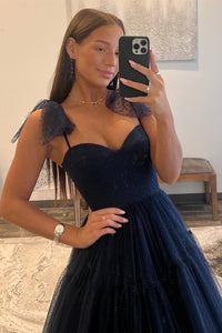 Dark Navy Bow Tie Shoulder Dot Tulle A-line Long Prom Dress