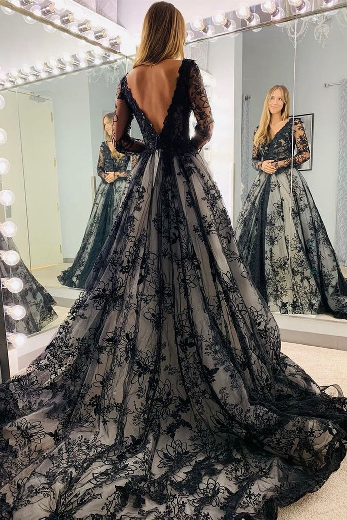 Black Appliques Illusion Long Sleeves Deep V Neck Long Wedding Dress