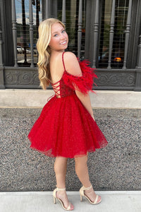 Feather Off the Shoulder Red Beaded Homecoming Dress