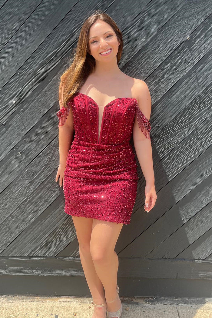 Red Sequins Plunging Off-the-Shoulder Sheath Homecoming Dress with Tassels