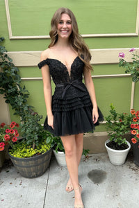 Pink Plunging Off-the-Shoulder Appliques Multi-Layers Homecoming Dress