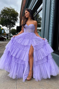 Fuchsia Multi-Layers Strapless Appliques A-line Tulle Long Prom Dress