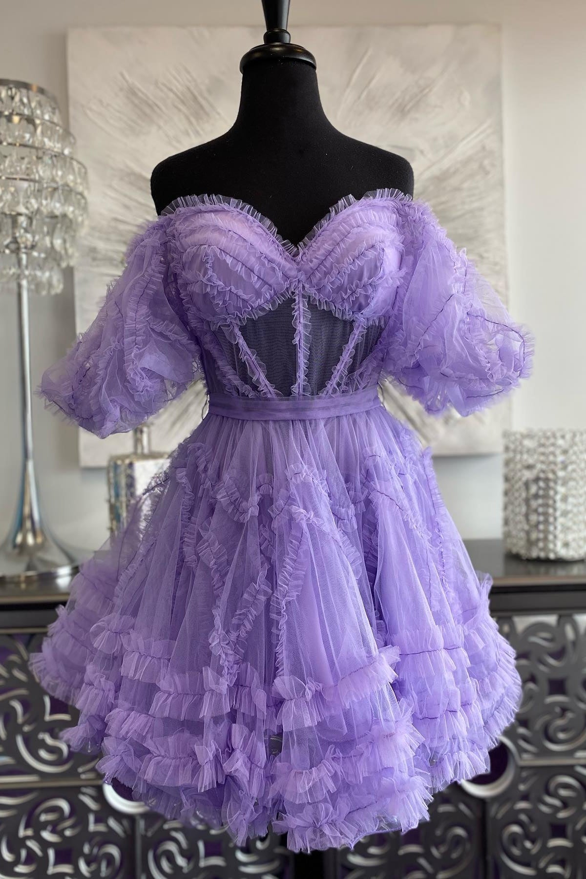 Pink Off-the-Shoulder Ruffles Puff Sleeves Homecoming Dress