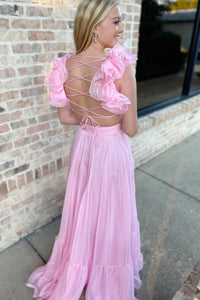 Rose Pink Ruffle Shoulder Plunging V Neck A-line Lace-Up Long Prom Dress