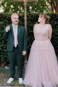 Dusty Blue Tulle Bow Tie Shoulder Ruffle Long Prom Dress