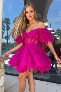 Pink Off-the-Shoulder Ruffles Puff Sleeves Homecoming Dress