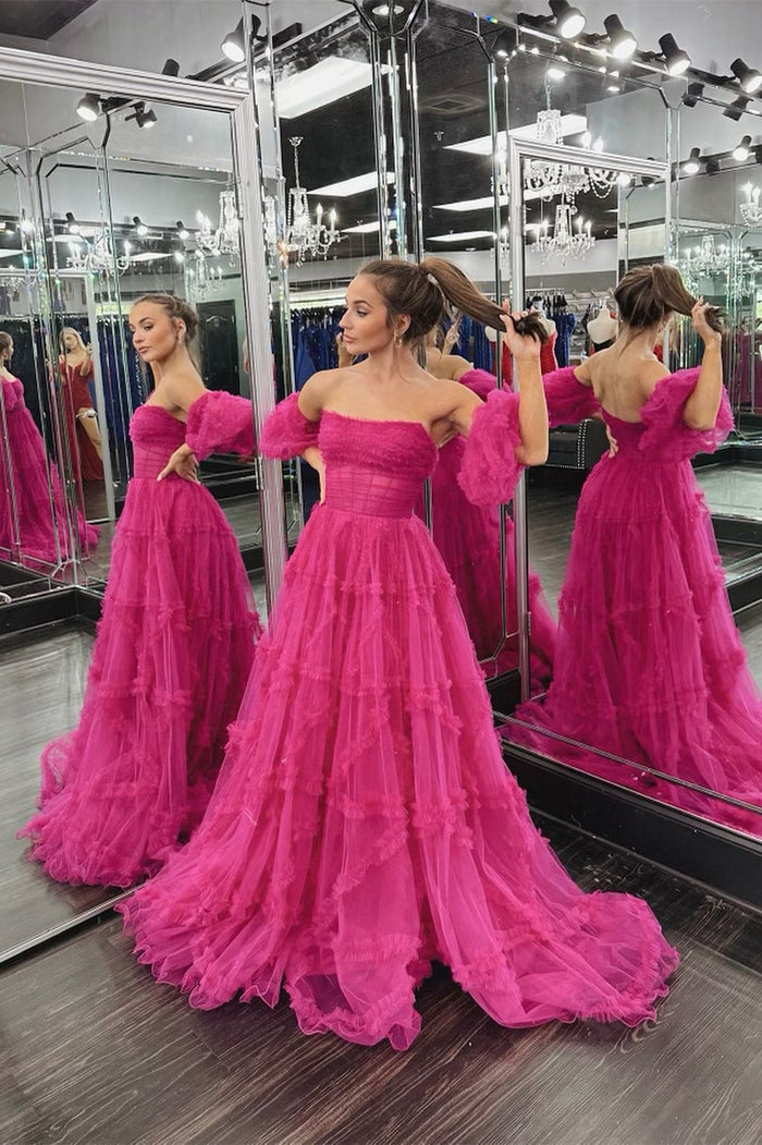 Fuchsia Strapless Tulle A-line Ruffles Long Prom Dress