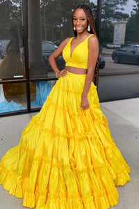 Green Two-Picec Ruffled A-line Long Prom Dress