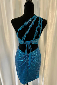 Blue One Shoulder Sequins Appliques Flower Straps Sheath Homecoming Dress