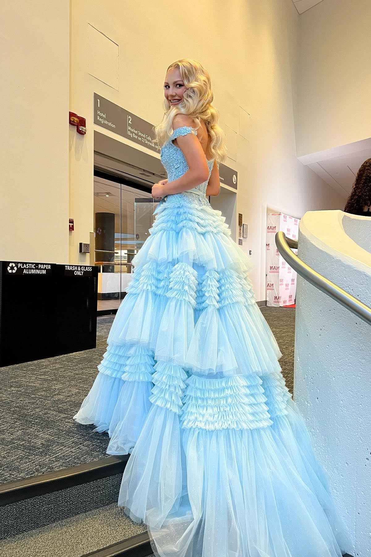 Pink Tulle Lace Off-the-Shoulder Ruffles Tiered Long Prom Dress