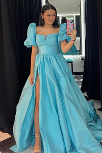 Green Ruffled Puff Sleeves Satin Long Prom Dress