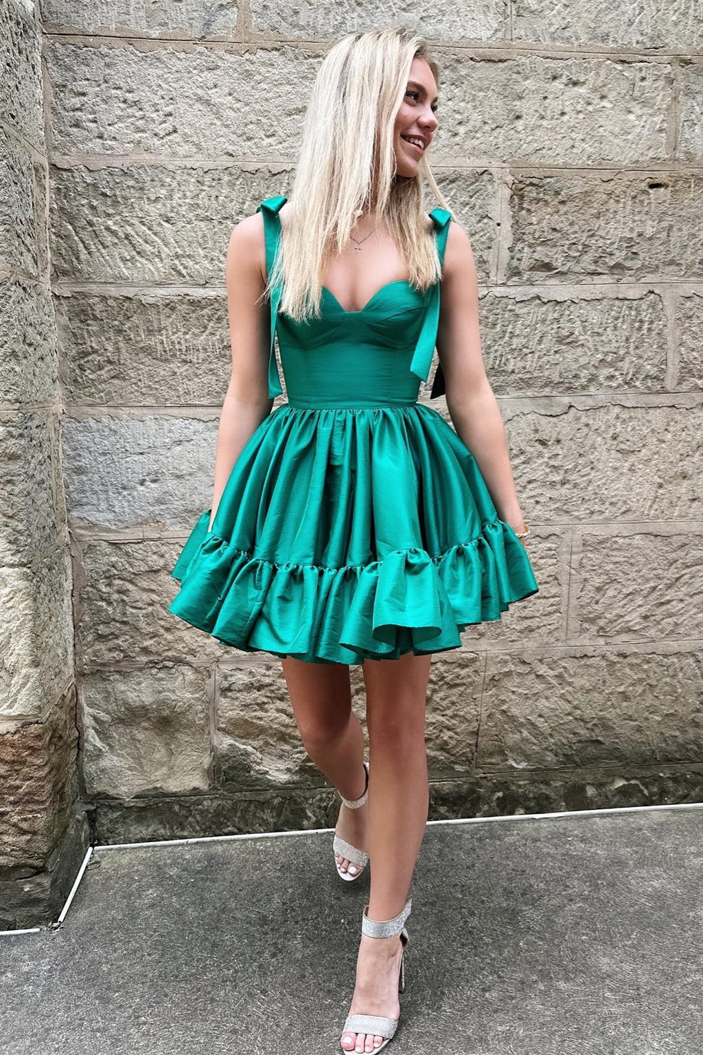 Hunter Green Aline Ruffle Bow Tie Shoulder Dress Dreamdressy
