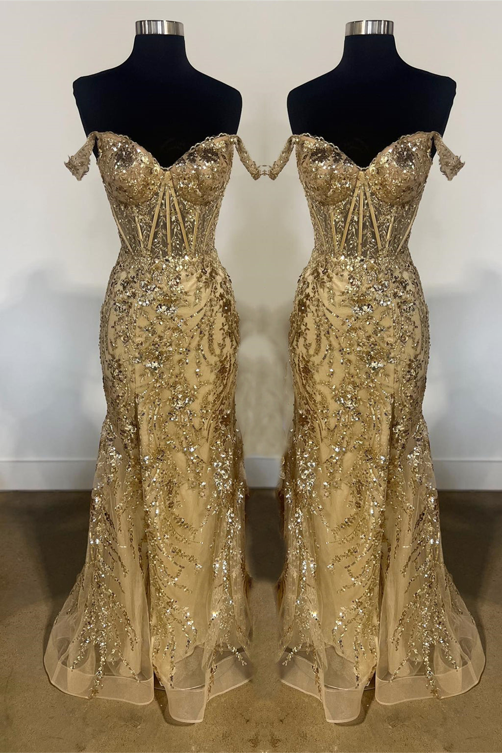 Gold Off Shoulder Prom Dress with 3D Floral Appliques, Sweetheart Long Formal Gowns main image 0