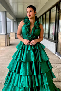 Red Ruffled Plunging V Neck Layers Long Prom Dress with Slit