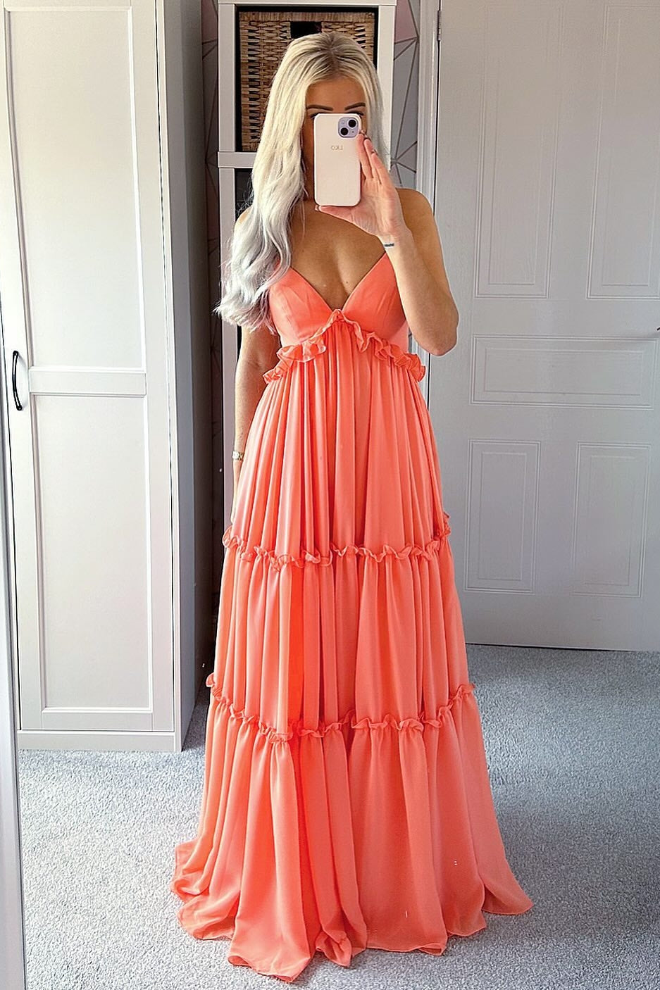 Sage Lace-Up Deep V Neck Ruffled Empire Long Prom Dress