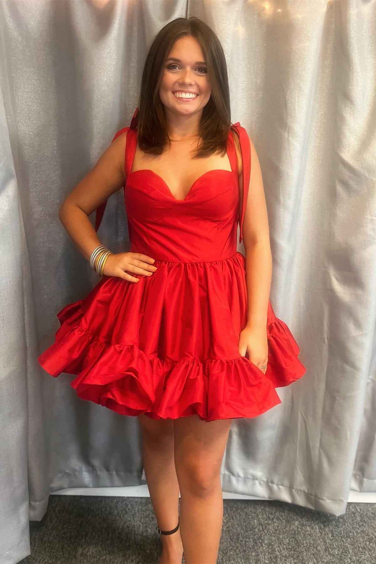 Pink Satin A-line Ruffle Bow Tie Homecoming Dresss