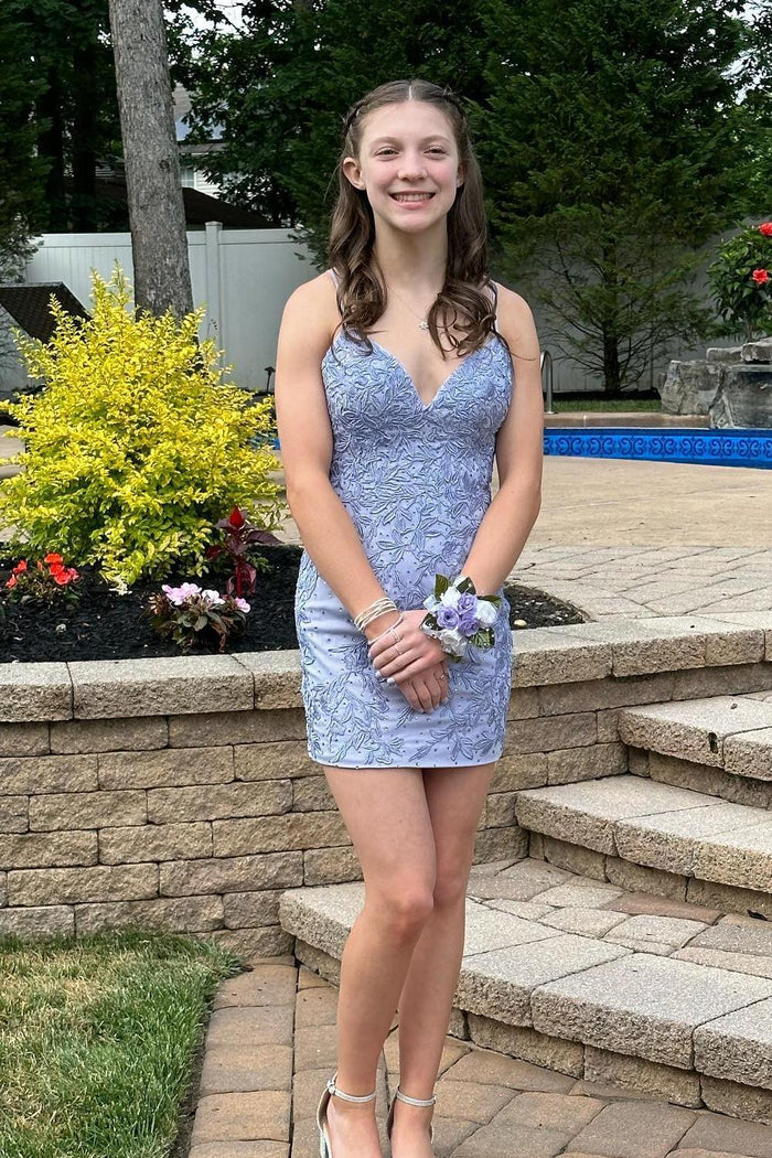 Royal Blue Appliqués Backless Mini Homecoming Dress