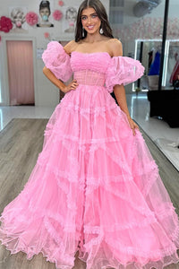 Fuchsia Strapless Tulle A-line Ruffles Long Prom Dress