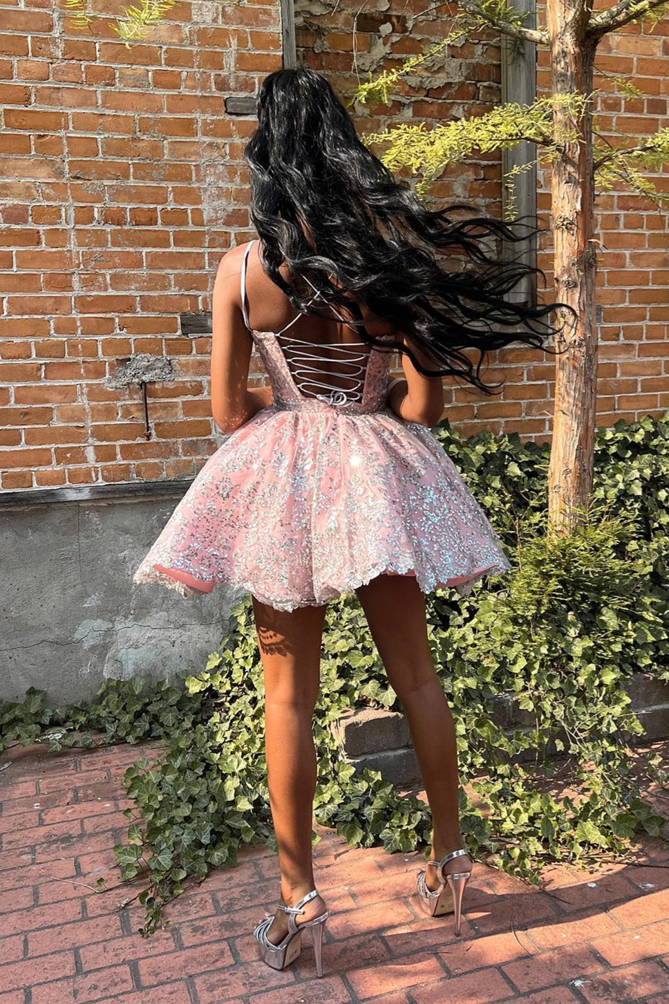 Pink Lace-Up Silver Appliques A-line Homecoming Dress