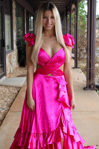 Red Ruffled Crossed Top Hi-Low Layers Long Prom Dress