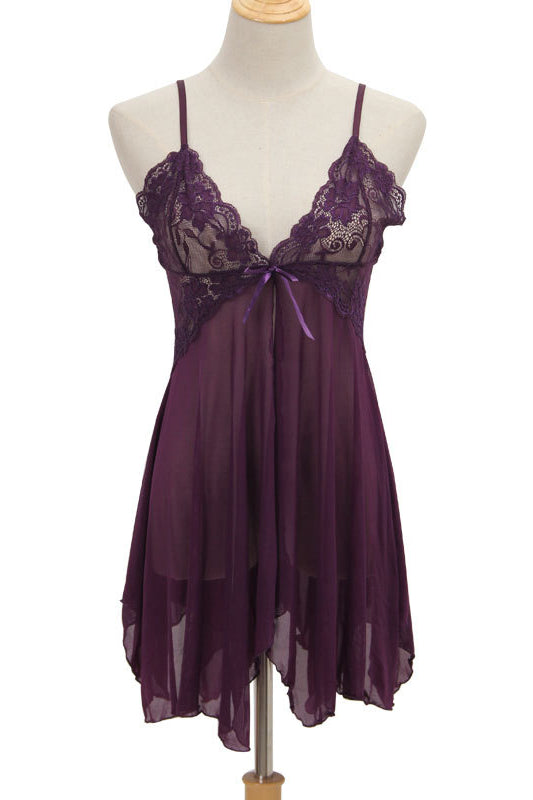 Purple Tulle Deep V Neck Straps Lingerie